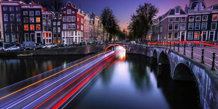 2560x1600 Cities Netherlands Amsterdam Night Time Houses Bridges River Channel