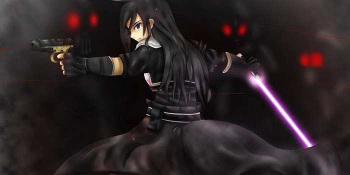 1332x850 Wallpaper gun, sword, red eyes, the fight, Kirito, black cloak, in
