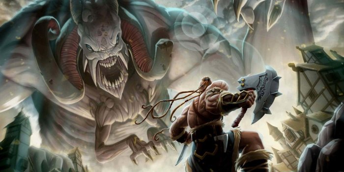 1332x850 Wallpaper The city, Monster, Axe, Art, Art, Warrior, Fiction, Viking