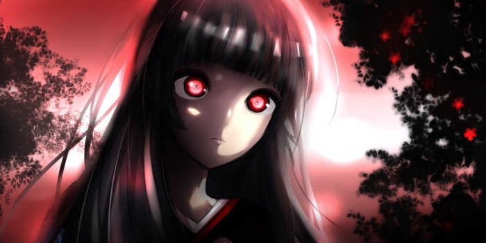 1332x850 Wallpaper anime, night, red eyes, brunette, evil, hell, kimono