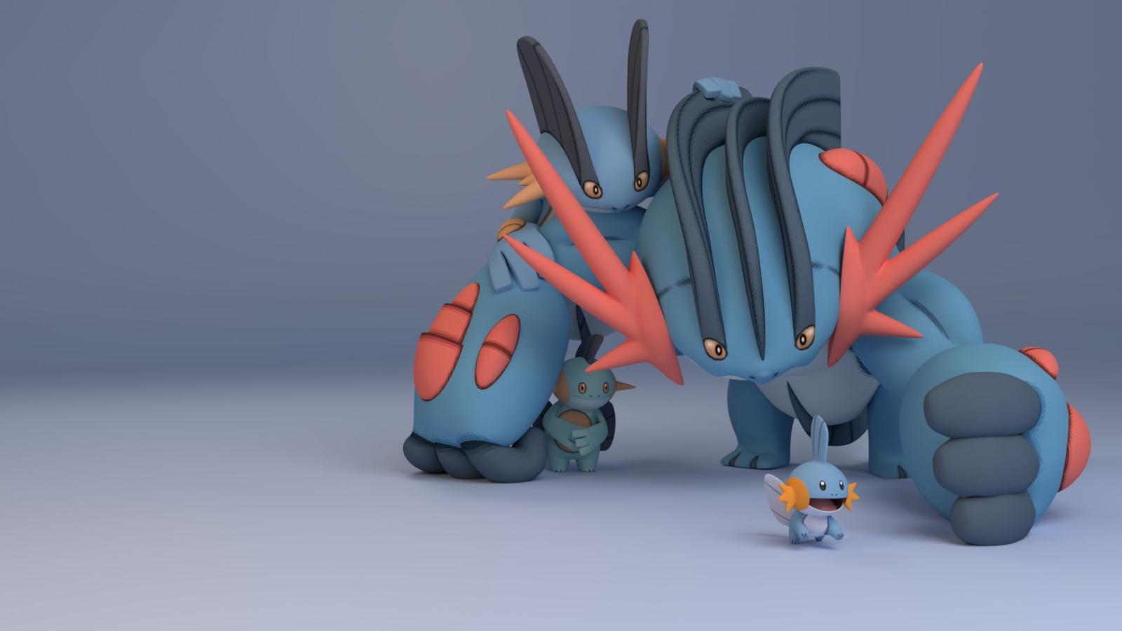 1920x1080 Mudkip, Marshstomp, Swampert, and Mega Swampert wallpaper. Inspired