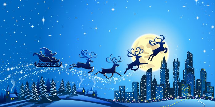 5000x2916 Wallpaper Reindeer Chariot, City, Santa Sleigh, Santa Claus, 4K