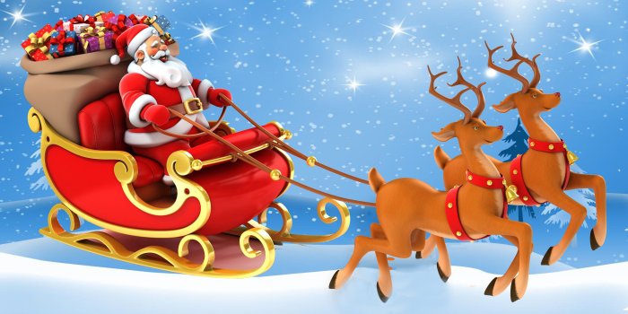 3840x2400 Christmas Postcard Santa Claus In A Sleigh With Gifts Reindeer