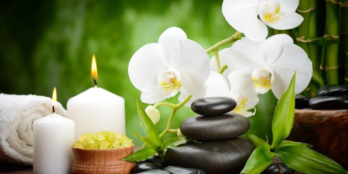 1332x850 Wallpaper flower, stones, candles, bamboo, black, Orchid, flowers