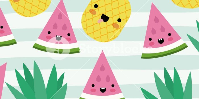 1000x1000 kawaii fruits pattern set with face expression on decorative lines