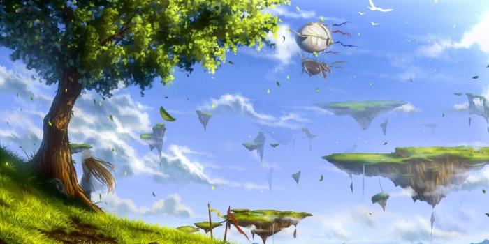 1366x768 Floating island digital wallpaper, anime, birds, leaves, trees HD