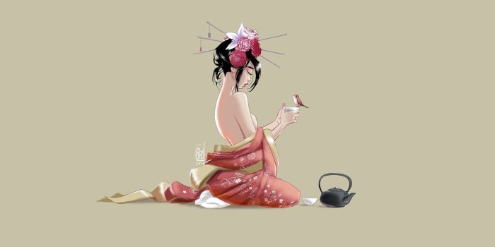 1332x850 Wallpaper Girl, Minimalism, Bird, Japan, Bird, Japan, Cup, Geisha