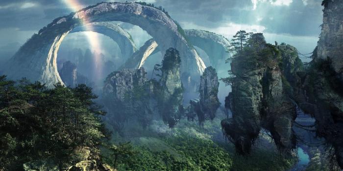 1920x1080 Green trees, landscape, floating island, arch, fantasy art HD