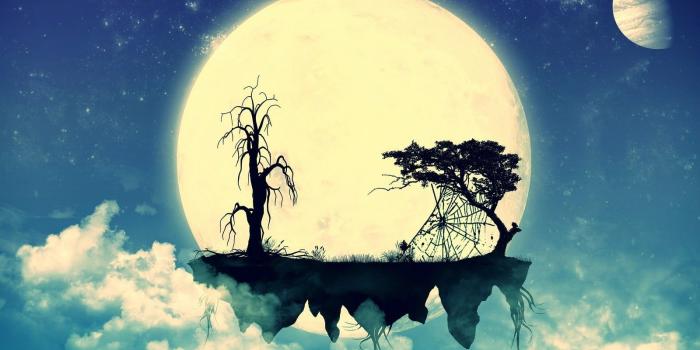 1600x1067 Silhouette of tree on moon, abstract, floating island, silhouette