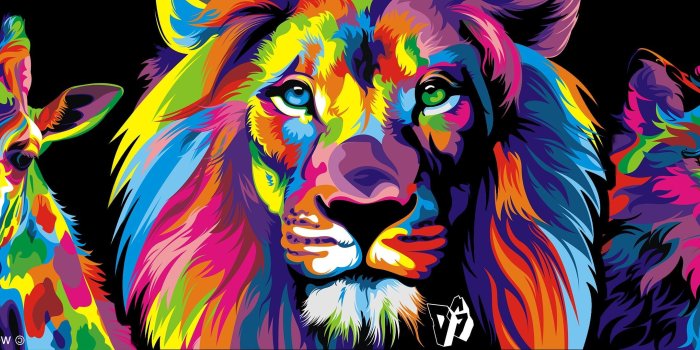 3840x1080 HD wallpaper: Multiple Display, Colorful, Lion, Wolf, Dog, Giraffes
