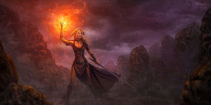 1920x1200 Wallpaper Fantasy girl, fire, sword, magic, art picture 1920x1200 HD
