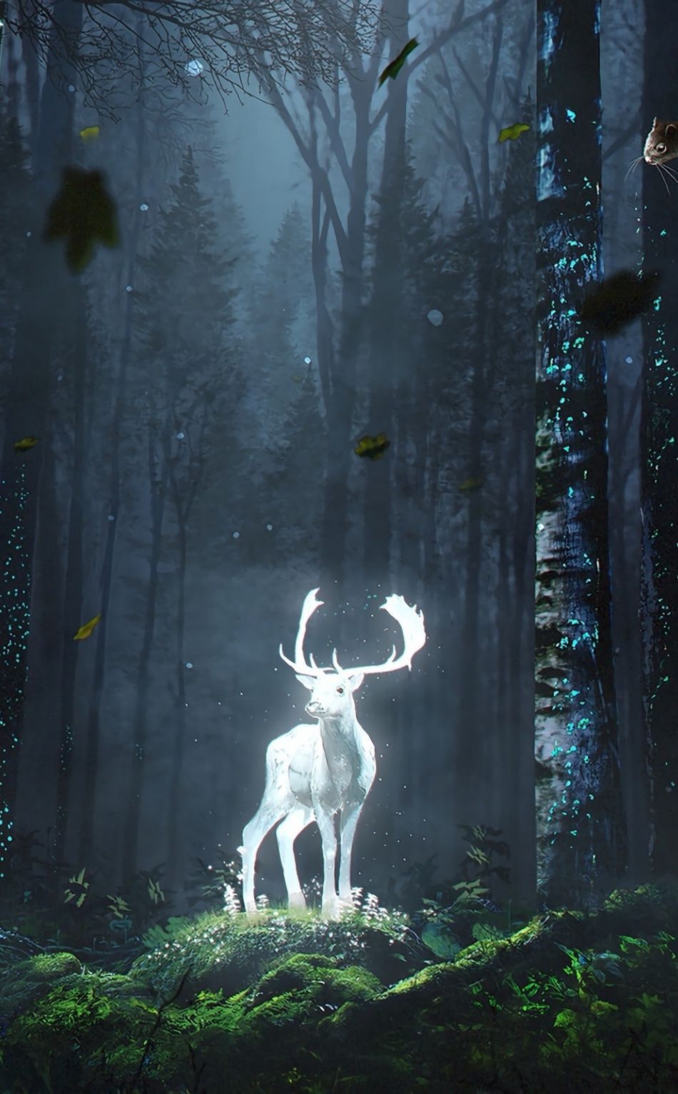 950x1534 Forest, wild deer, glow, fantasy, art, 950x1534 wallpaper | Fantasy
