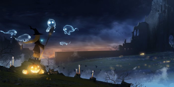 3900x1800 Witch with ghost flying over her digital wallpaper, Halloween, witch