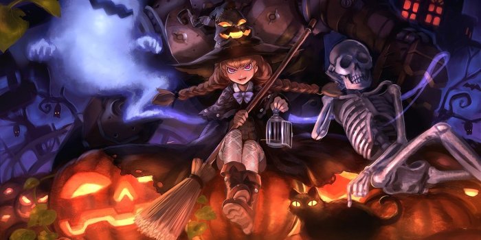1332x850 Wallpaper cat, cat, hat, cast, art, skeleton, girl, pumpkin