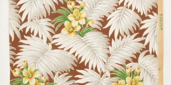 882x1280 1930s Vintage Wallpaper White Tropical Leaves on Brown