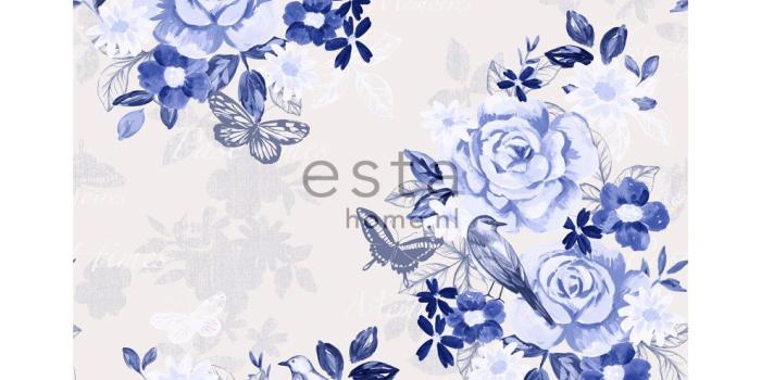 990x990 wallpaper flowers and birds indigo blue - 138124
