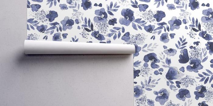 1024x1024 Blue Watercolor Floral Wallpaper - Floret Flower Indigo By Mjmstudio -  Custom Printed Removable Self Adhesive Wallpaper Roll by Spoonflower