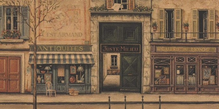 1500x692 Retro French City Street Shops Vintage Wallpaper Border for Bathroom