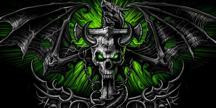 1332x850 Wallpaper green, background, dragon, skull, wings, sword, horns