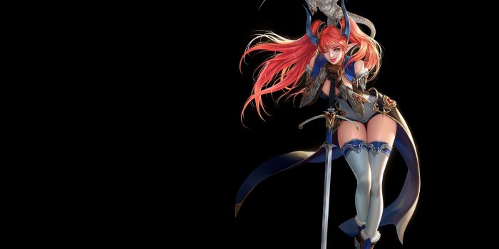1920x1440 Wallpaper Fantasy girl, elf, dragon, sword, black background