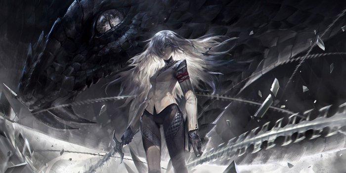 1920x1080 4555708 #dragon, #white hair, #sword, #gray, #Pixiv Fantasia, #alcd