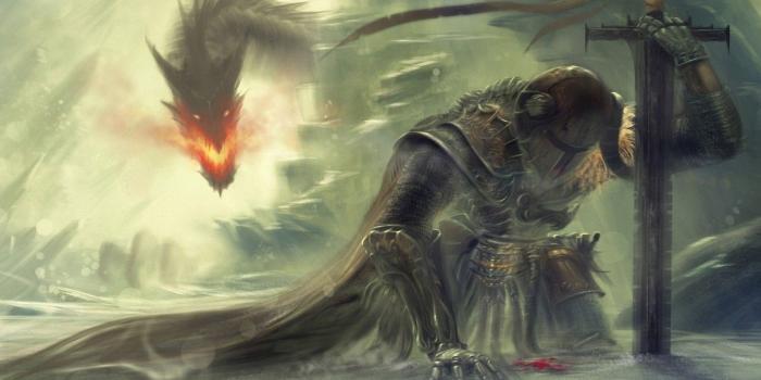1332x850 Wallpaper snow, rocks, fire, dragon, sword, warrior, art, armor
