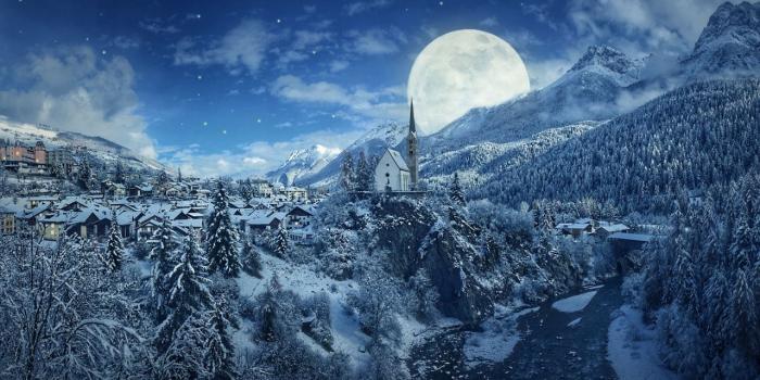 1280x720 Wallpaper Winter, Moon, Mountains, Pine trees, Village, Church, 4K