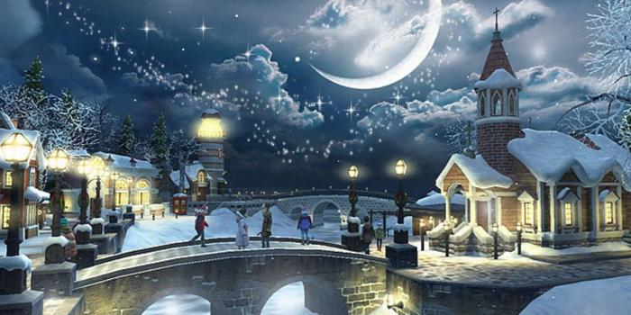 1600x1200 Winter: Bridge Winter Church Snow Nature Moon Wallpaper Animated for