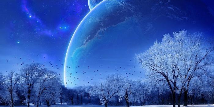1920x1200 Winter moon sky cosmos blue colors of the trees in hoarfrost - Phone