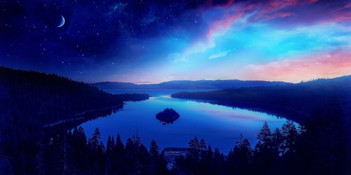 1944x1080 5093277 Blue, Lake, Starry Sky, Purple, Tree, Winter, Artistic
