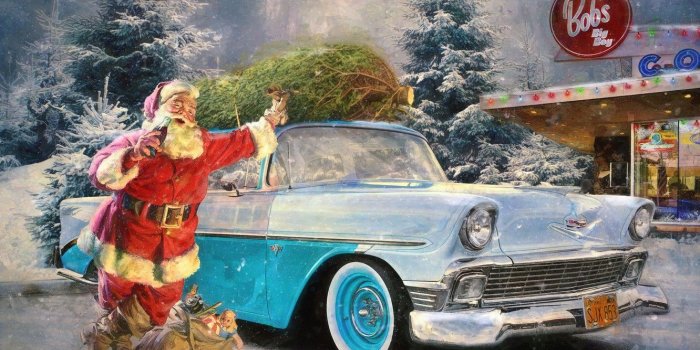 1332x850 Wallpaper winter, snow, retro, holiday, gifts, car, Santa Claus