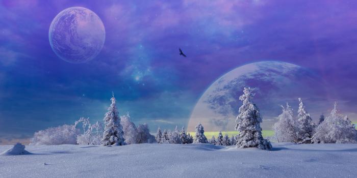 6000x2958 3003759 6000x2958 Fantasy, Moon, Planet, Snow, Tree, Winter | Alpha