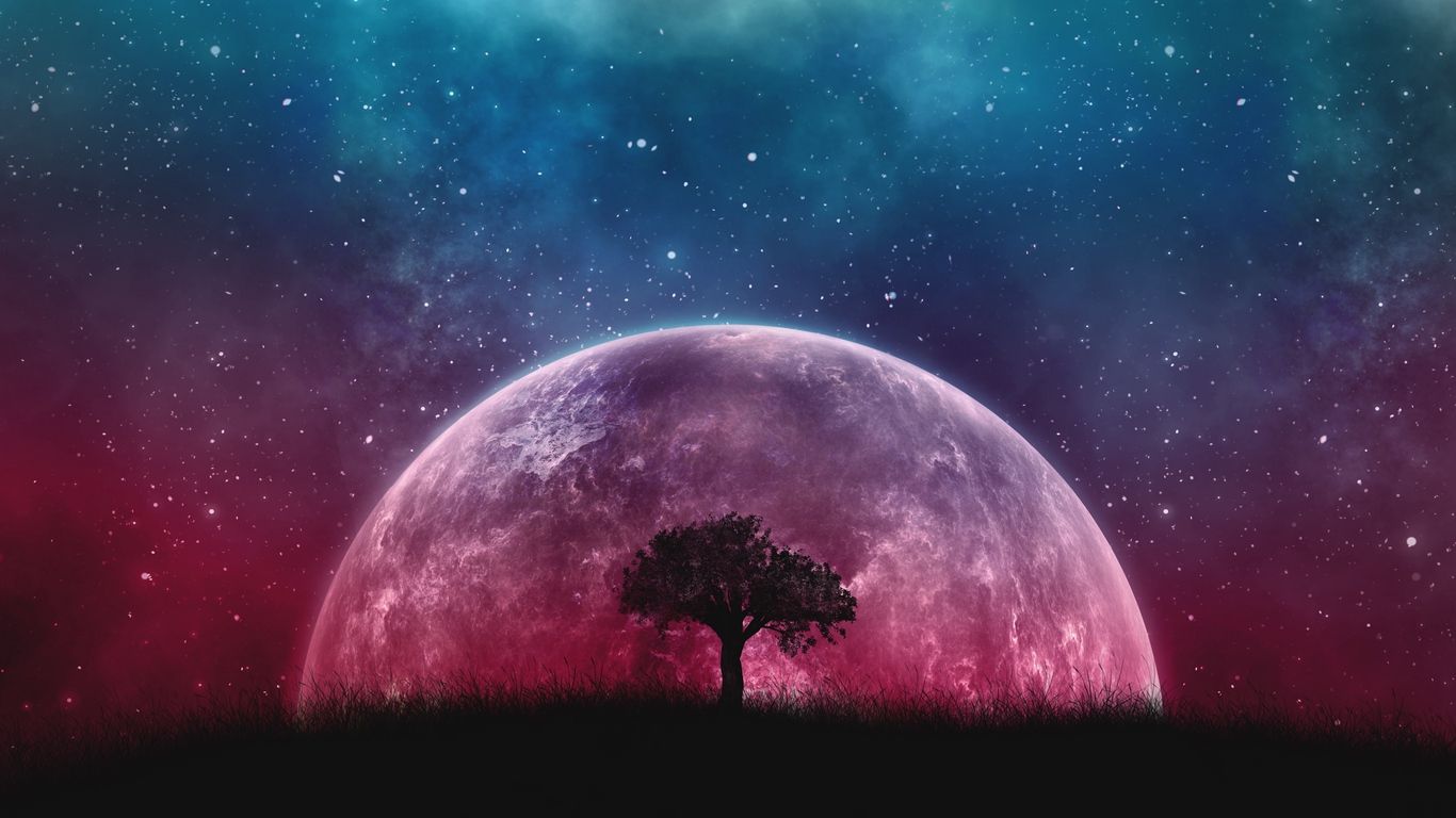 1366x768 Download wallpaper 1366x768 tree, planet, stars, galaxy, art tablet