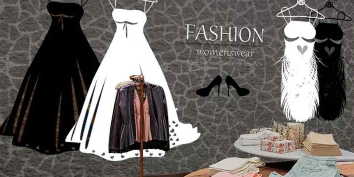 973x836 Vintage personality black and white dress high-heeled shoes clothing store  background wall decoration wallpaper murals