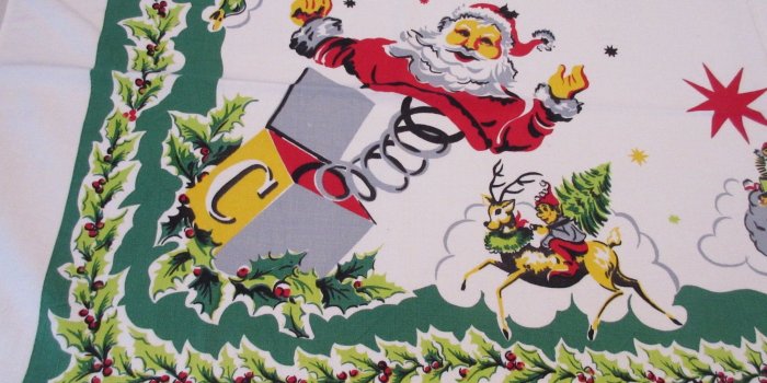 2048x1536 Christmas Santa in a Box Cartoon Simtex SQUARE Holiday Vintage Printed  Tablecloth (49 X 46)