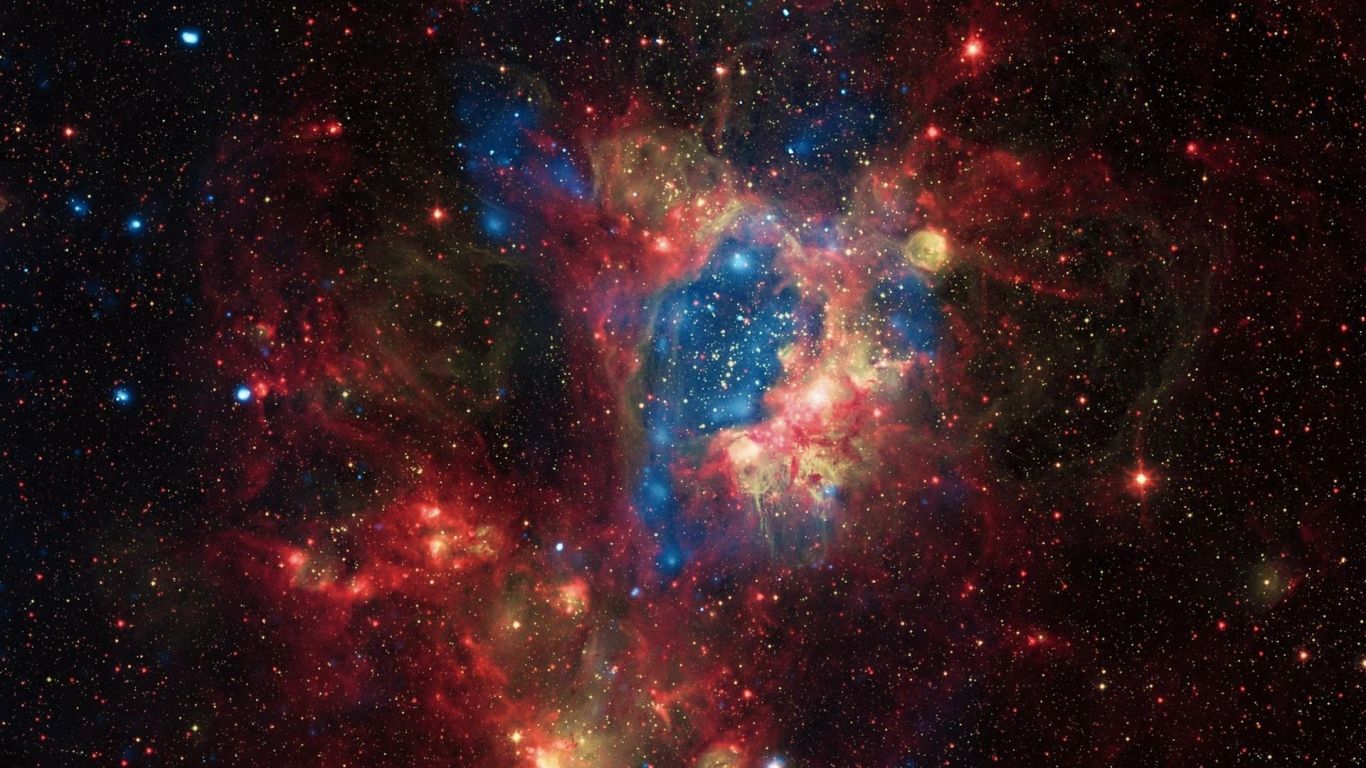 1366x768 Download HD Space Universe Stars Nebula In Red Yellow and Blue Color