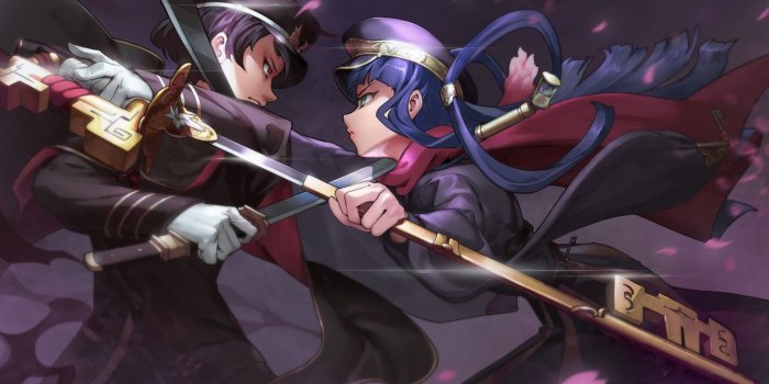 1332x850 Wallpaper girl, weapons, anime, art, guy, the battle, two images for