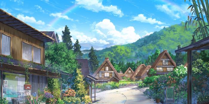 2560x1440 Download 2560x1440 Anime Landscape, Houses, Scenic, Clouds, Nature