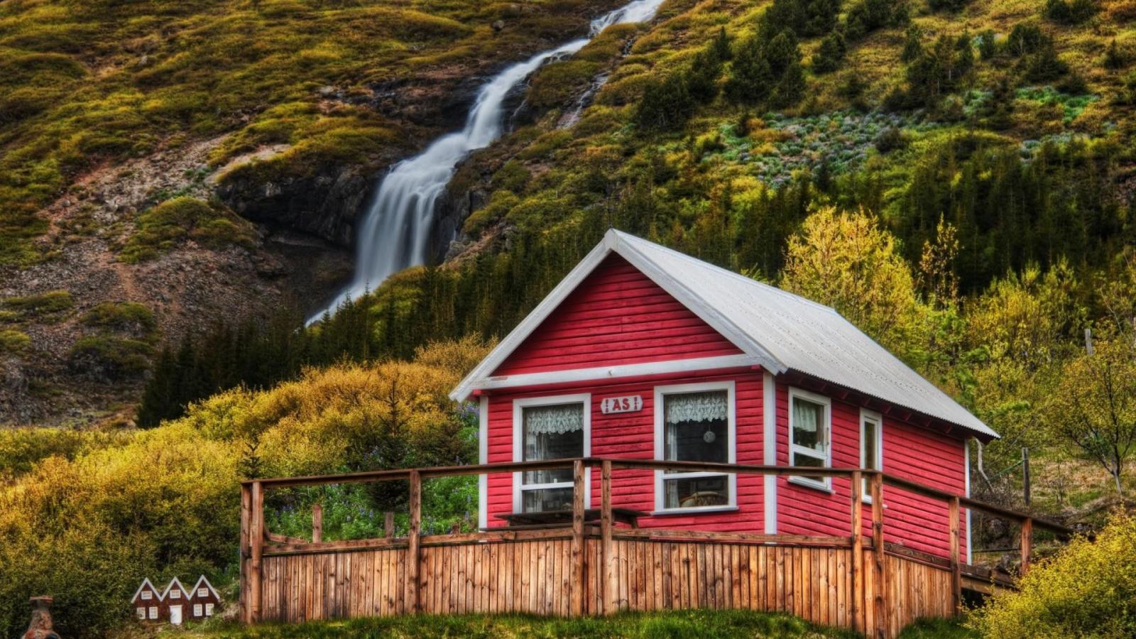 1920x1080 Waterfall Little Beautiful Waterfalls House Red Cabin Mountain