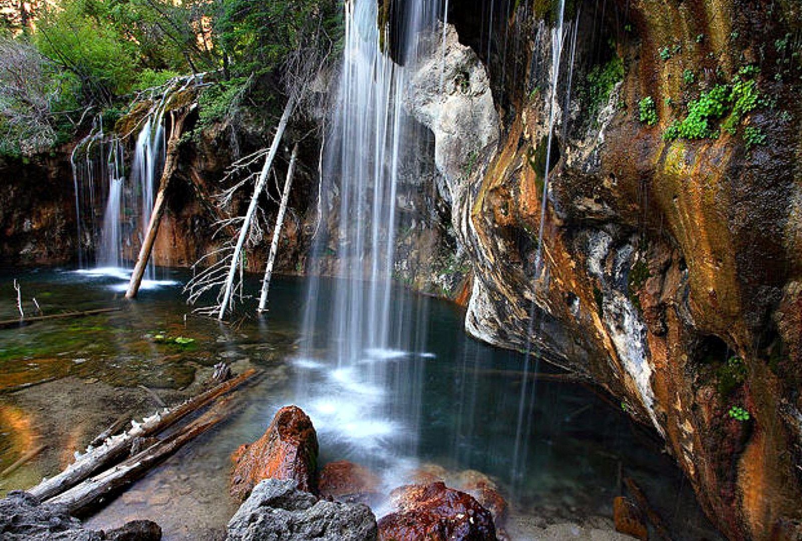 1600x1080 Waterfalls: Waterfall Trees Forest Rocks Nature Wallpaper 3d for HD