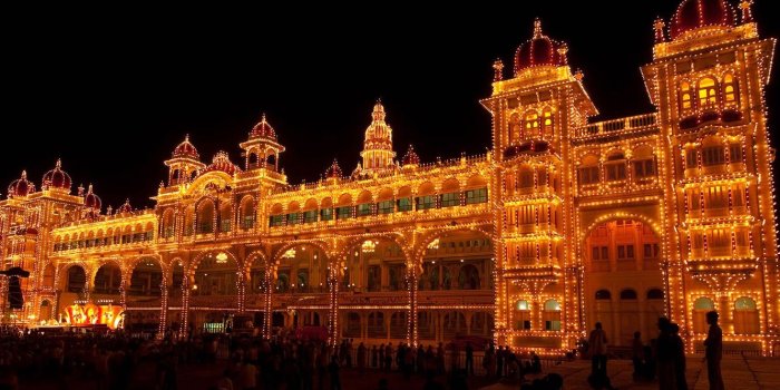1332x850 Wallpaper night, lights, India, Palace, festival of dasar, Karnataka