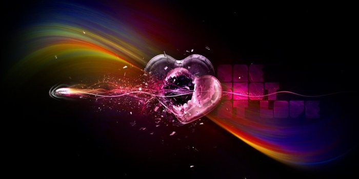 1332x850 Wallpaper strips, rainbow, heart, bullet, black background, shot