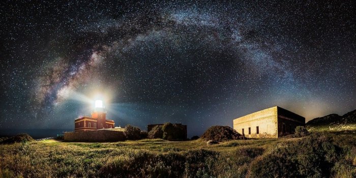 1600x1000 nature, Landscape, Lighthouse, Milky Way, Starry Night, Space