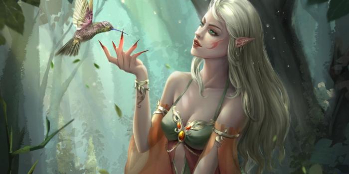 1920x1080 Wallpaper Fantasy girl, elf, green eyes, hummingbird, art picture