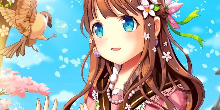 1244x700 Birds cute anime girls long hair brunette blue eyes smiling open