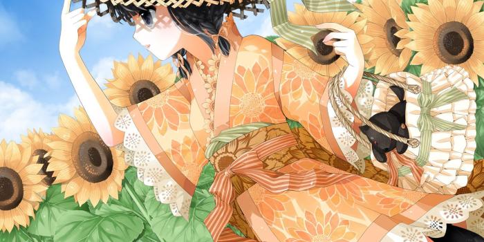 1531x1320 Sunflower field, anime, basket, black eyes, black hair, cute, girl