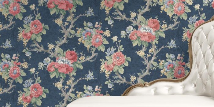 960x992 Classic Rustic Garden Dark Floral Vintage Bold Wallpaper Blue and Red R4825