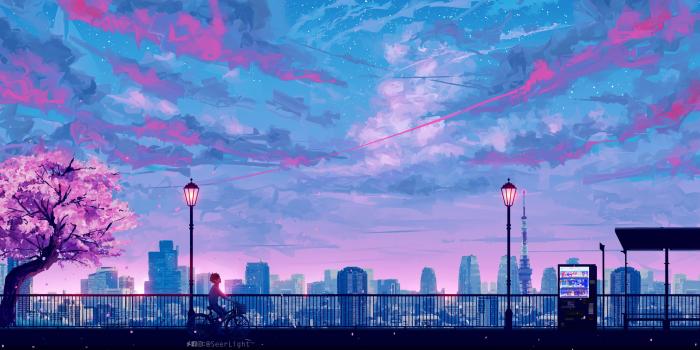 4800x2400 Blue and pink sky painting, illustration, city, anime, painting HD