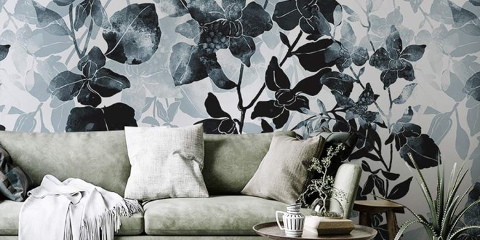 1000x1000 SUMGAR Non Woven Dark Floral Wallpaper Leaves Black and White Wall