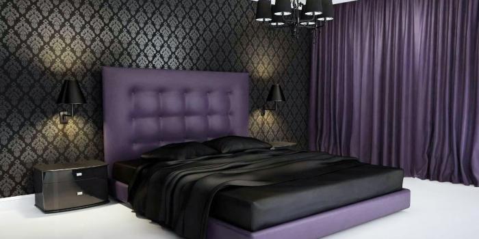 1200x750 Bedroom, Elegant Black Bedding With Dark Purple Bed For Luxury